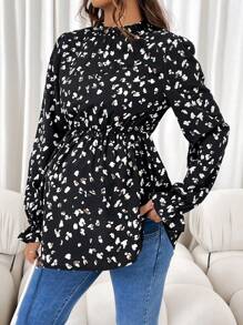 SHEIN Maternity All-Over Print Ruffle Trim Collar Long Sleeve Blouse - Black - View 4