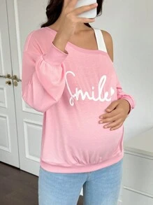 SHEIN Maternity Letter Print Asymmetric Neck Long Sleeve Sweatshirt, For Winter