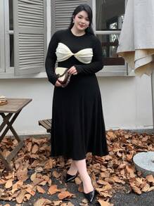 Dazy Plus Plus Size Bow Accent Long Slim Bodycon Dress,Fall Clothes Long Sleeve Dress Maxi Dress - Black - View 5