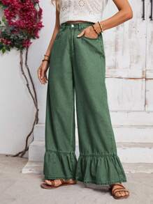 EMERY ROSE Vacation Casual Ruffled Wide-Leg Jeans,Christmas Holiday Green Pants Baggy Jeans - Green - View 4