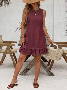 SHEIN LUNE Sleeveless Round Neck Frilled Hem Button Back Denim Dress - Burgundy - View 2