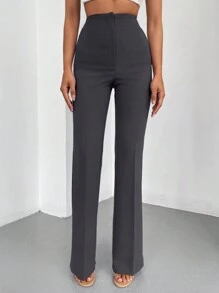 EURMUSE Damen Einfarbige Gerade Hochtaillierte Hosen für Lässig/Business Outfit - Dunkelgrau - Übersicht 4
