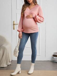 SHEIN Maternity V-Neck Bishop Sleeve Solid Color T-Shirt - Pink - View 5