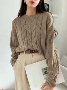 DAZY Women's Knitted Cable Crewneck Comfortable Sweater,Fall Clothes - Coffee Brown - View 5