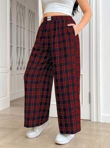 SHEIN EZwear 情人节，大码女式休闲格子印花裤，带口袋和松紧腰带，宽松阔腿裤，适合日常穿着 - 紅色 - 查看 3