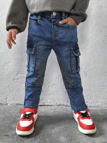 SHEIN YOUNG BOYS CASUAL URBAN STREET STONE WASH CARGO JEANS - Medium Wash - View 6