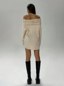 Aloruh 女式纯色露肩不对称下摆休闲宽松针织毛衣，秋冬 - 杏色 - 查看 2