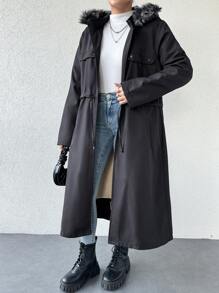 EURMUSE Zip Up Drawstring Waist Hooded Winter Coat - Navy Blue - View 5