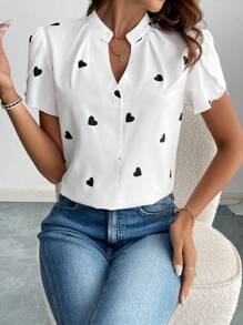 EMERY ROSE Women's Elegant Ruffle Heart Decor Blouse, Printed V-Neck Pleated Cap Sleeve Blouse For Daily And Vacation,Back To School,Short Sleeve Tops - Multicolor - View 3