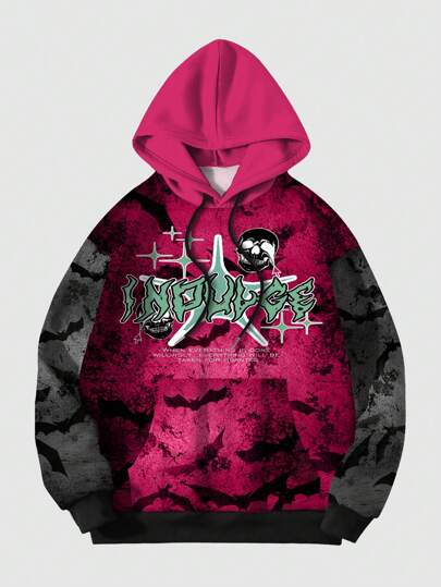 Men's Casual Color Block Bat Print Drawstring Hooded Fleece Sweatshirt, Autumn Winter