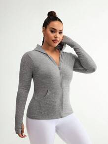 SHEIN Sports Plus Size Women's Spring & Autumn Solid Color Long Sleeve Zipper Front Hooded Sports Jacket - Grey - View 3