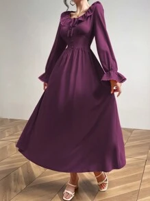 Modelyn 女士纯色圆领荷叶边下摆优雅长袖短裙长款女士装长款晚礼服 - 紫色 - 查看 7
