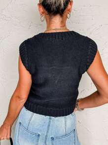 INAWLY 女士纯色 V 领单排扣休闲针织背心，秋冬 - 黑色 - 查看 3