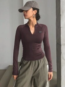 Semi-High Collar Semi-Letter Pattern Silicone Adhesive Skinny Long Sleeve Women T-Shirt,Fall Women Clothes - Dusty Purple - View 2