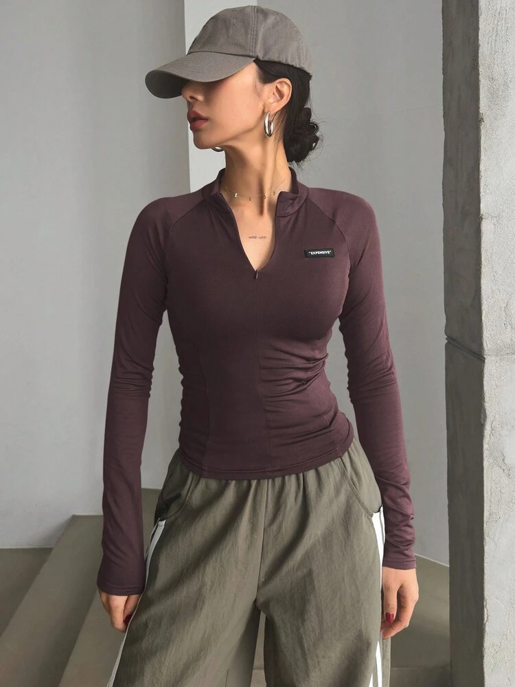 Semi-High Collar Semi-Letter Pattern Silicone Adhesive Skinny Long Sleeve Women T-Shirt,Fall Women Clothes