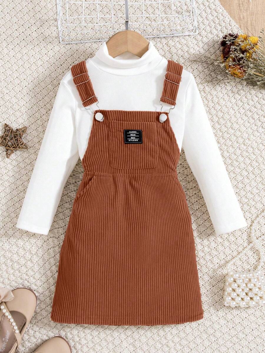 SHEIN 2 件装年轻女孩休闲背带裙，带细节肩带和长袖上衣套装，春秋季 - 棕色 - 查看 1