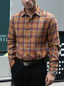 Manfinity Mode Chemise à manches longues pour hommes avec boutons et imprimé à carreaux, chemise à manches longues, vêtements d'automne pour hommes, chemise à carreaux, vêtements de Noël