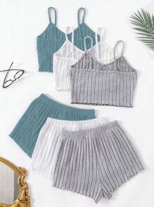 SHEIN 3 Sets Women Solid Color Ribbed Cami Top And Shorts Sleepwear Pajama Set Lounge Set - Multicolor - View 2