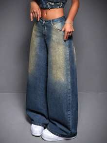 SHEIN ICON 女士休闲洗水阔腿牛仔裤