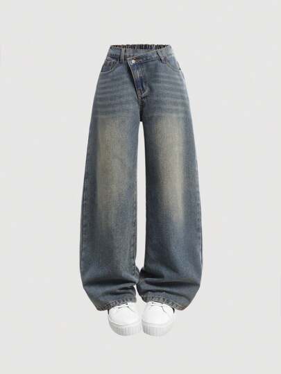 SHEIN Girlism Tween Girls Y2K Fashion Retro Washed Asymmetrical Waist Vintage Baggy Denim Wide Leg Jeans, Girls Fall Clothes Back To School Outfits