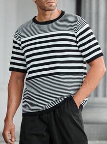 Manfinity Homme Camiseta casual de cuello redondo de manga corta de punto a rayas para hombre