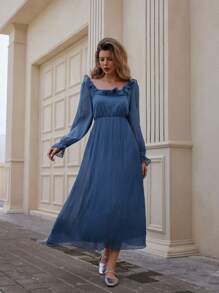EMERY ROSE Vestido elegante de gasa con cuello de volantes y plisados - Azul - Ver 5