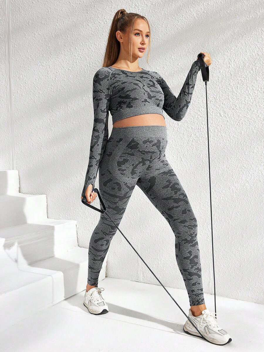 SHEIN 2pcs Set Maternity Solid Color Patchwork Casual Sports Pants - Dark Grey - View 1