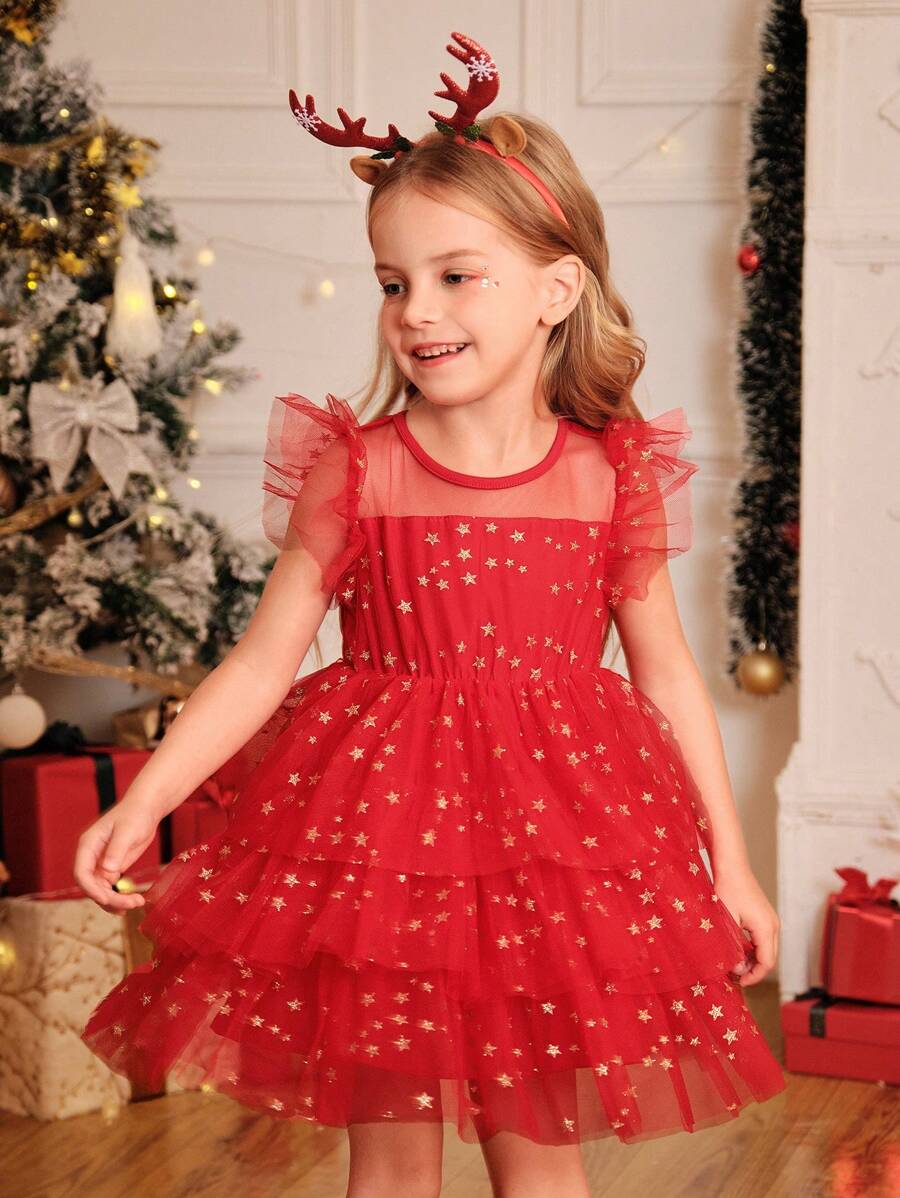 Girls Classic Red Star Puff Dress, This Red Star Dress Lets The Child Step Into A Fairytale World, The Layered Puff Skirt Along With Golden Stars Showcases A Dreamy Princess Vibe, Very Suitable For Holiday Or Party Occasions - Dark Green - View 1