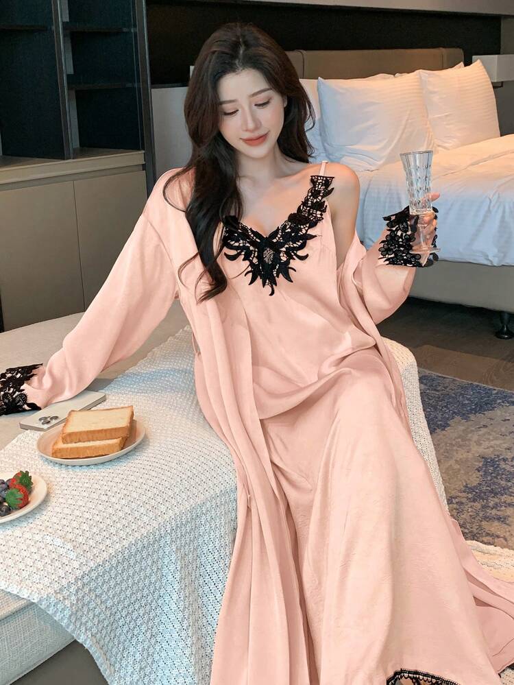 Women Satin Lace Contrast Nightgown And Slip Dress Sleepwear Pajama Set