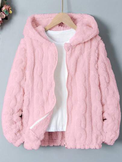 Tween Girls Pink Long Sleeve Fuzzy Winter Zip Up Jacket, Warm Fleece Material, Long Design, Comfortable Fit, Classic, Casual, Solid, Back To