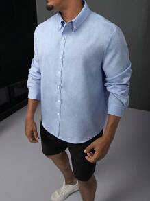 Manfinity Homme 2pcs/Set Men's Plus Size Casual Solid Long Sleeve Shirt And Loose Shorts, Spring & Autumn