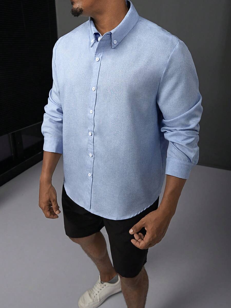 Manfinity Homme 2pcs/Set Men's Plus Size Casual Solid Long Sleeve Shirt And Loose Shorts, Spring & Autumn