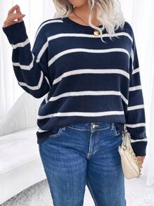 EMERY ROSE Plus Size Casual Colorblock Striped Drop Shoulder Sweater, Spring Autumn Knit Pullover Fall Winter - Multicolor - View 1