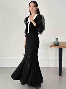 FRIFUL Women Bow Decor Fish Tail Hem Elegant Skirt - Black - View 2