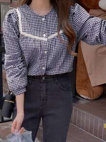 DAZY 女士格子圆领泡泡袖休闲衬衫，适合春秋季，秋季女装长袖上衣