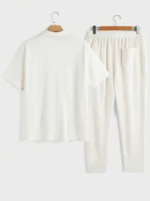 GENTILAND 2pcs Men's Fitted Knit Turndown Collar Short Sleeve Shirt Set - White - View 2