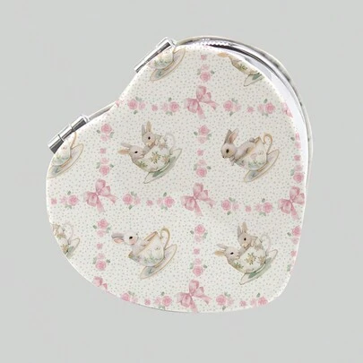 ROMWE Kawaii 1pc Rabbit Heart-Shaped PU Pattern Cosmetic Mirror, Portable Hand Held Mirror For Girls (Pattern Position Random)