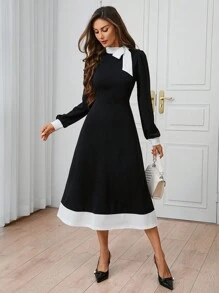 SHEIN Clasi Women's Urban Elegance Daytime Social Black&White Contrasting Collar Tie Waist A-Line Dress