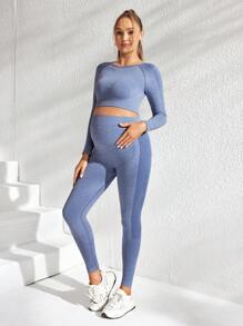 SHEIN 2pcs/Set Maternity Sports Long Sleeve Top And Long Pants Set - Blue - View 5
