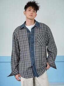 DAZY Men's Checkered Print Button-Front Casual Long Sleeve Shirt, Autumn - Grey - View 4