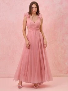 Enchnt Đầm lưới xếp nếp chéo vai màu trơn cho nữ - Hồng - Xem 8