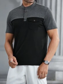 Manfinity Homme Áo thun nam tay ngắn cài nút màu tương phản, thường ngày, mùa hè - màu đen - Xem 3