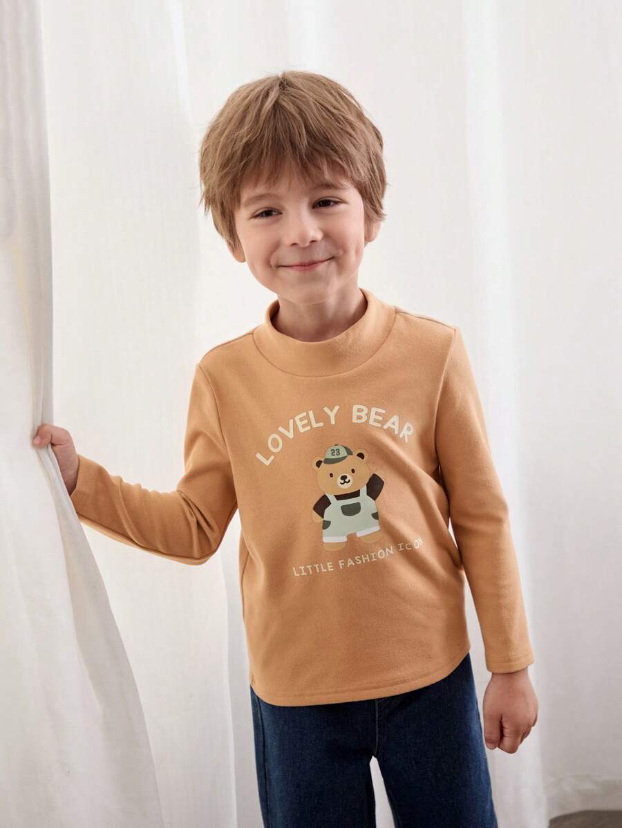 Cozy Pixies Cartoon Bear Pattern Knitted Soft Stand Collar Long Sleeve Pullover T-Shirt For Young Boy