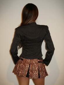 SHEIN ICON Women Fall Y2k Going Out Tops Sexy Office Siren Striped Long Sleeve Contrast Color Blazer Black Shirt,For Office Commute