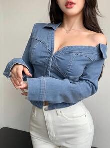DAZY 女款拼接長袖牛仔襯衫，秋季服飾，牛仔短版外套 - 藍色 - 查看 9