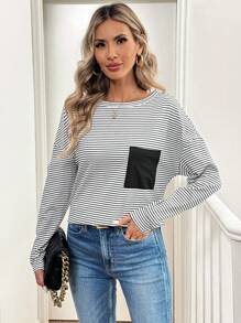 SHEIN LUNE Women's Asymmetric Collar Striped Print Long Sleeve T-Shirt With Pockets - Black and White - View 4