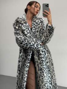 Aloruh Nuevo abrigo maxi esponjoso y cálido de estampado de leopardo sexy con cuello esponjoso, para otoño e invierno