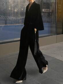 DAZY Women's Solid Color Lapel Collar Long Sleeve Elegant Velvet Wide Leg Jumpsuit,Back To School Clothes