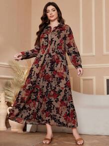 Al Najma Vestido de manga larga con un solo pecho y estampado botánico para mujer de talla grande, ropa árabe, casual, modesta para uso diario casual/viajes/vacaciones/uso en casa, vestido largo de talla grande para uso árabe