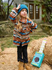 SHEIN Young Girl Retro Pattern Fleece Long Sleeve Cardigan Jacket With Pockets, Brown, Winter